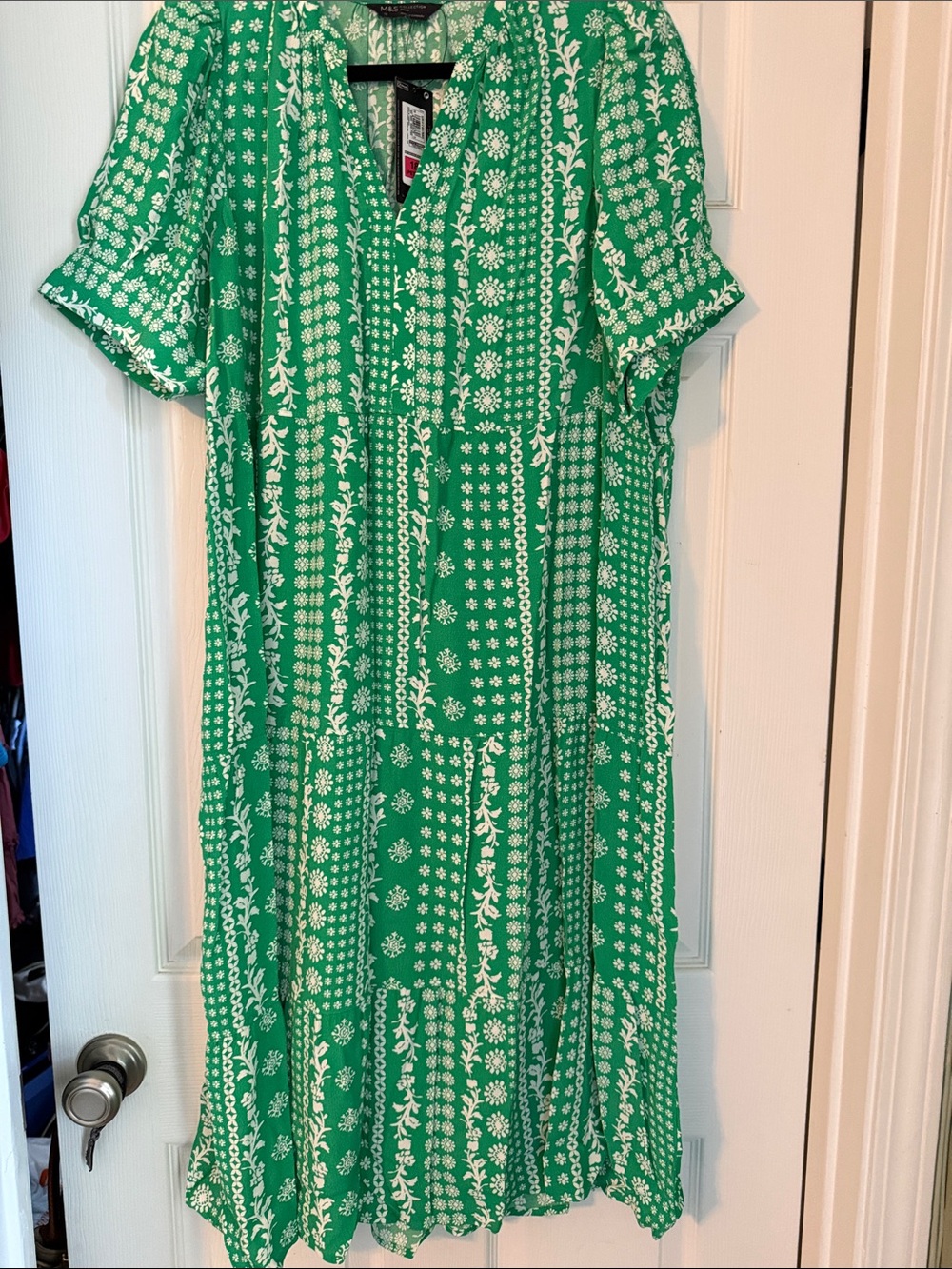 NWT M&S (Marks & Spencer) Petite Tiered Green and White V-Neck Midi Dress
